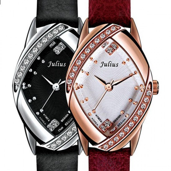 JULIUS 660 Luxury Genuine Leather Strap Bling Rhinestone Ladies Quartz Wrist Watch