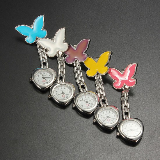 Butterfly Nurse Clip Heart Brooch Stainless Steel Pocket Quartz Watch