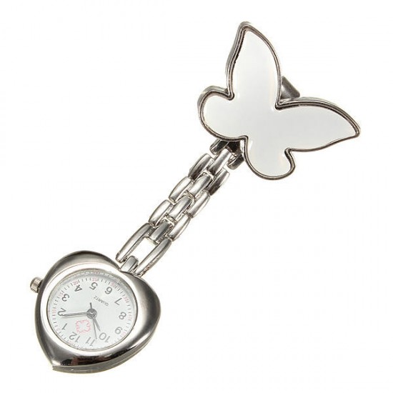 Butterfly Nurse Clip Heart Brooch Stainless Steel Pocket Quartz Watch