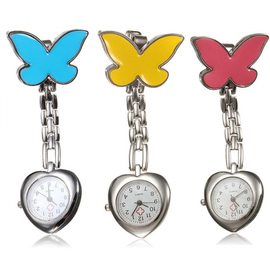Butterfly Nurse Clip Heart Brooch Stainless Steel Pocket Quartz Watch