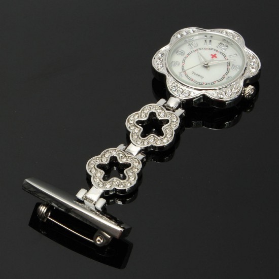 Crystal Flower Dial Doctor Nurse Watch Clip-on Stainless Steel Pocket Watches