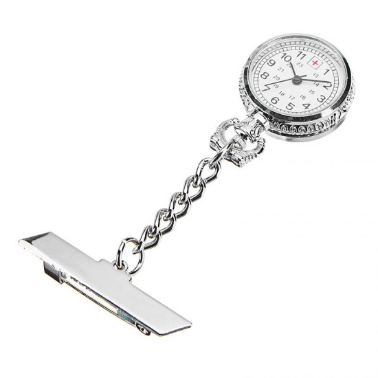 Nurse Silver White Dial Quartz Pocket Watch Clear Cover Pin