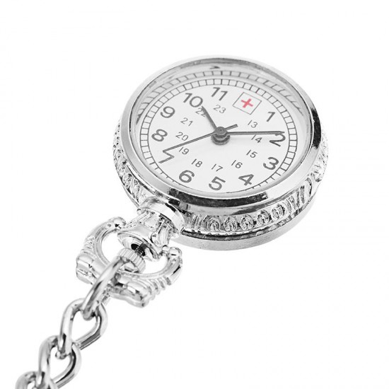 Nurse Silver White Dial Quartz Pocket Watch Clear Cover Pin