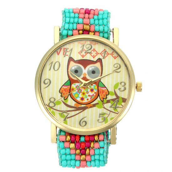Custom Folk Style Cartoon Owl Pattern Alloy Case Cute Casual Women Quartz Wrist Watch