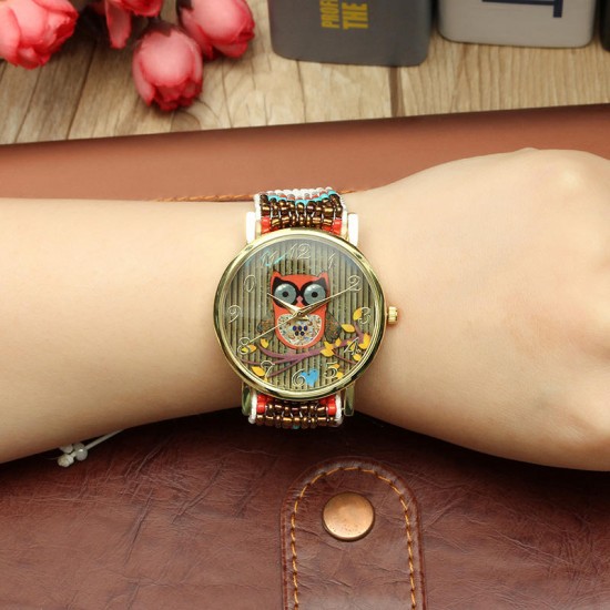 Custom Folk Style Cartoon Owl Pattern Alloy Case Cute Casual Women Quartz Wrist Watch