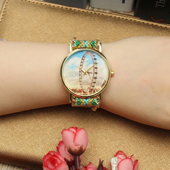 Custom Folk Style Women Watch Ferris Wheel Alloy Case Knitted Fabric Strap Casual Retro Quartz Wrist Watch