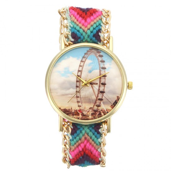 Custom Folk Style Women Watch Ferris Wheel Alloy Case Knitted Fabric Strap Casual Retro Quartz Wrist Watch