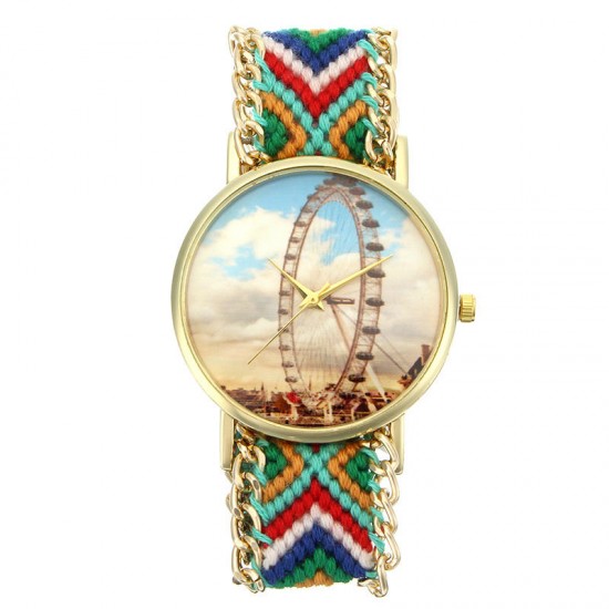 Custom Folk Style Women Watch Ferris Wheel Alloy Case Knitted Fabric Strap Casual Retro Quartz Wrist Watch