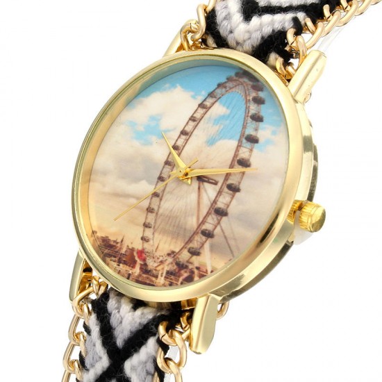 Custom Folk Style Women Watch Ferris Wheel Alloy Case Knitted Fabric Strap Casual Retro Quartz Wrist Watch