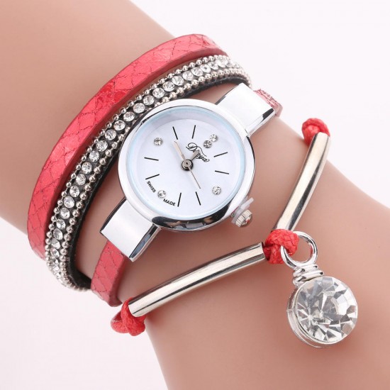 DUOYA D254 Crystal Pendant Women Bracelet Watch Retro Style Leather Strap Quartz Watch