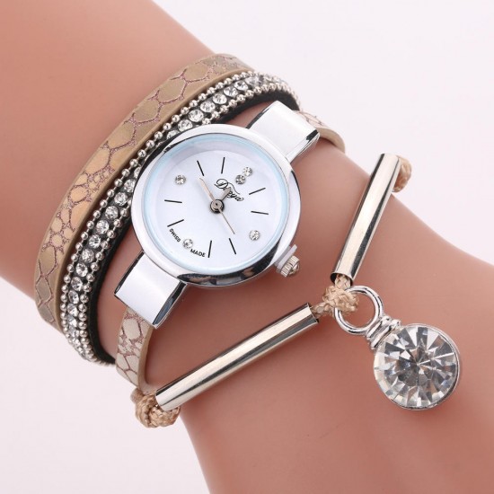 DUOYA D254 Crystal Pendant Women Bracelet Watch Retro Style Leather Strap Quartz Watch