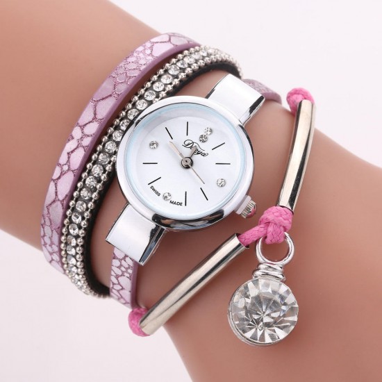 DUOYA D254 Crystal Pendant Women Bracelet Watch Retro Style Leather Strap Quartz Watch