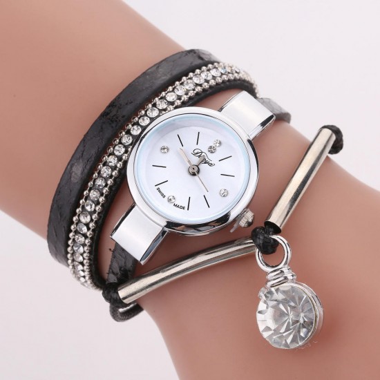 DUOYA D254 Crystal Pendant Women Bracelet Watch Retro Style Leather Strap Quartz Watch