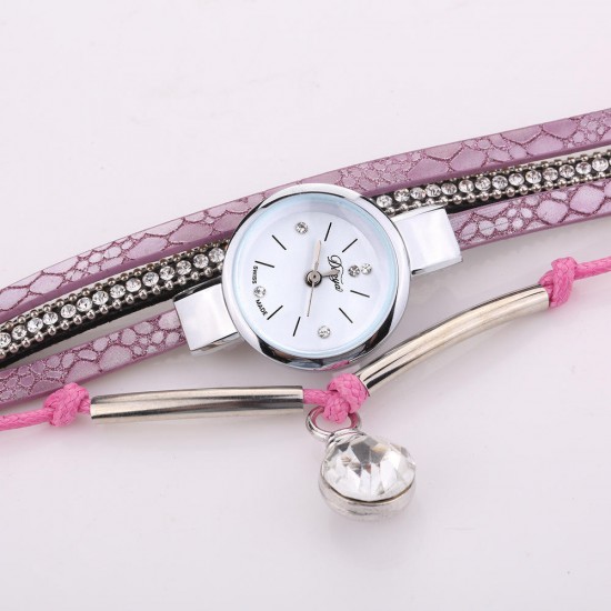 DUOYA D254 Crystal Pendant Women Bracelet Watch Retro Style Leather Strap Quartz Watch