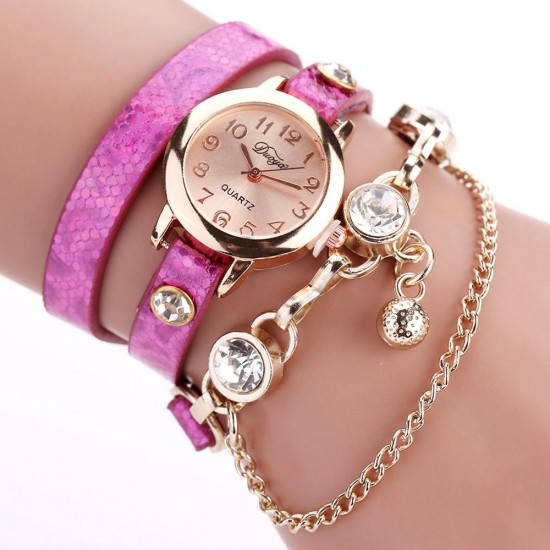 DUOYA Retro Style Pendant Bracelet Watch Rose Gold Case Leather Strap Quartz Watches