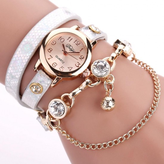 DUOYA Retro Style Pendant Bracelet Watch Rose Gold Case Leather Strap Quartz Watches