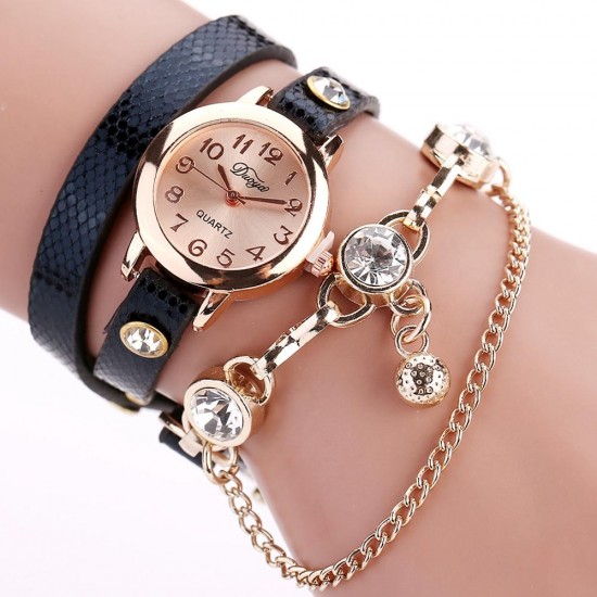 DUOYA Retro Style Pendant Bracelet Watch Rose Gold Case Leather Strap Quartz Watches