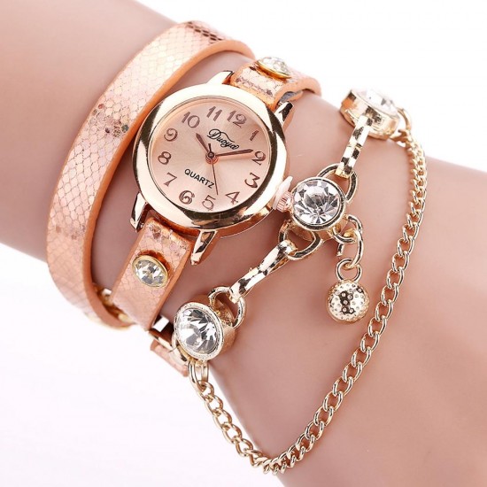 DUOYA Retro Style Pendant Bracelet Watch Rose Gold Case Leather Strap Quartz Watches