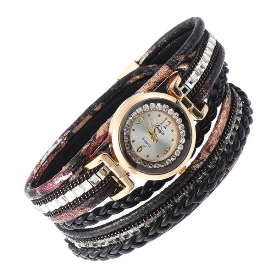 DUOYA Women Leather Band Winding Analog Laides Dress Bracelet Quartz Watch