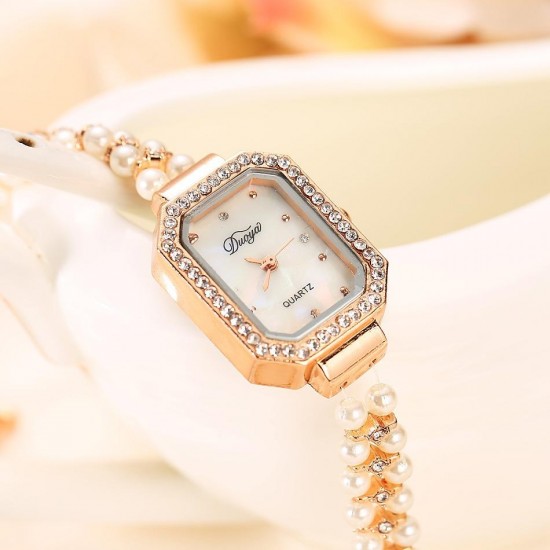 DUOYA Women Pearl Bracelet Round Square Crystal Case Quartz Watch