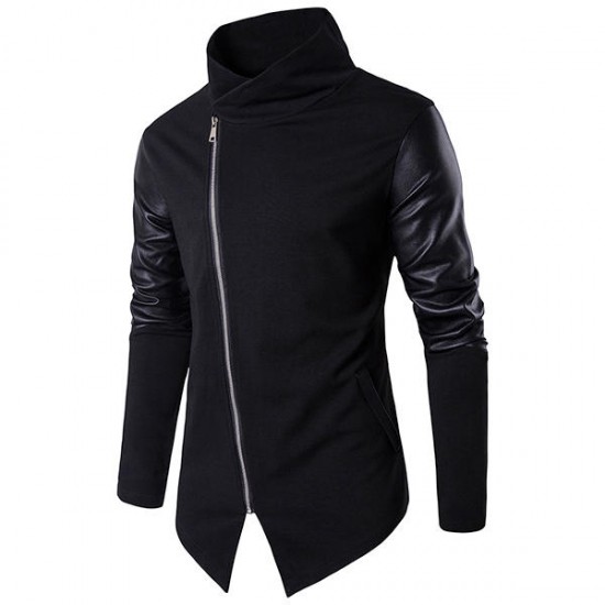 Asymmetric Tilt Inclined Zipper Placket Splicing Leather Sleeve Stand Collar Stylish Jacket for Men