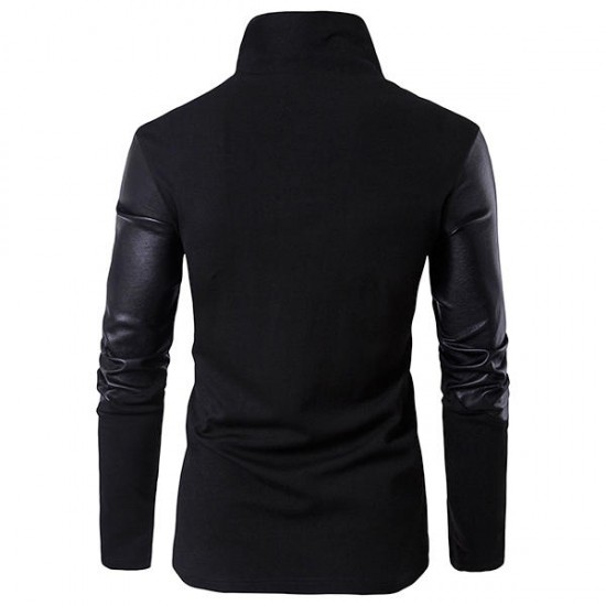 Asymmetric Tilt Inclined Zipper Placket Splicing Leather Sleeve Stand Collar Stylish Jacket for Men