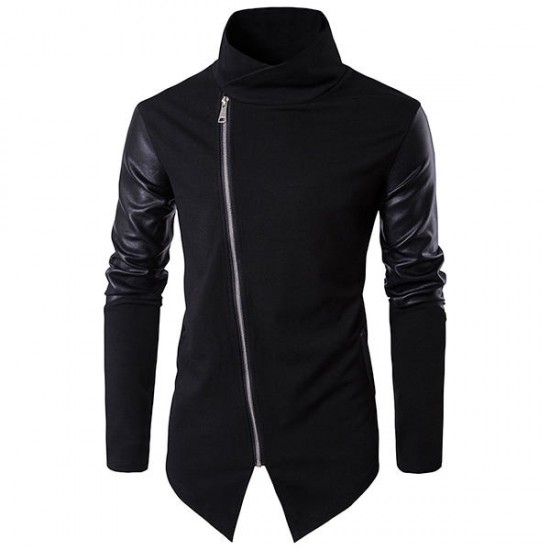 Asymmetric Tilt Inclined Zipper Placket Splicing Leather Sleeve Stand Collar Stylish Jacket for Men