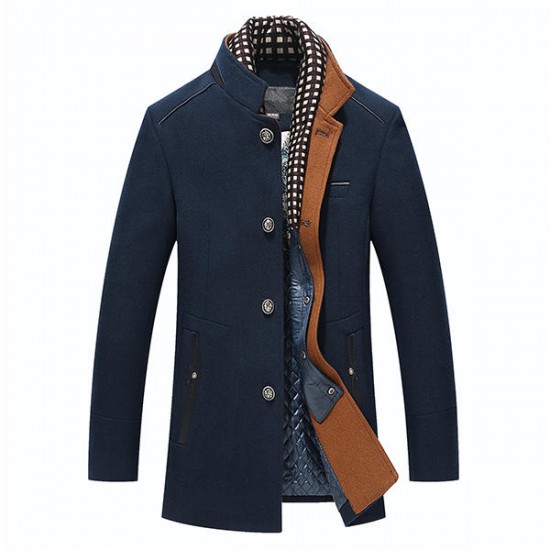 Autumn Winter Casual Slim Fit Stand Collar Scarf Detachable Stylish Woolen Overcoat Jacket for Men