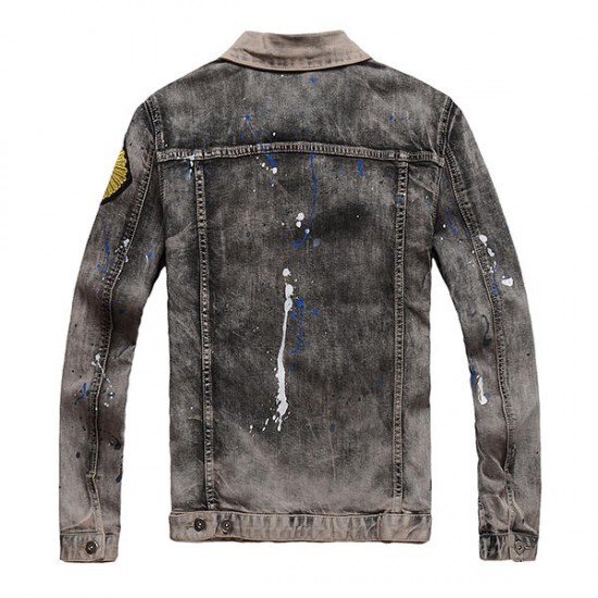 Badge Embroidery Painting Fashion Trendy Personality Wornout Denim Jacket for Men