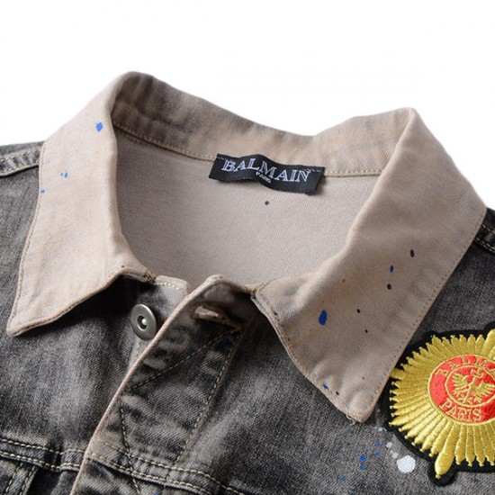 Badge Embroidery Painting Fashion Trendy Personality Wornout Denim Jacket for Men