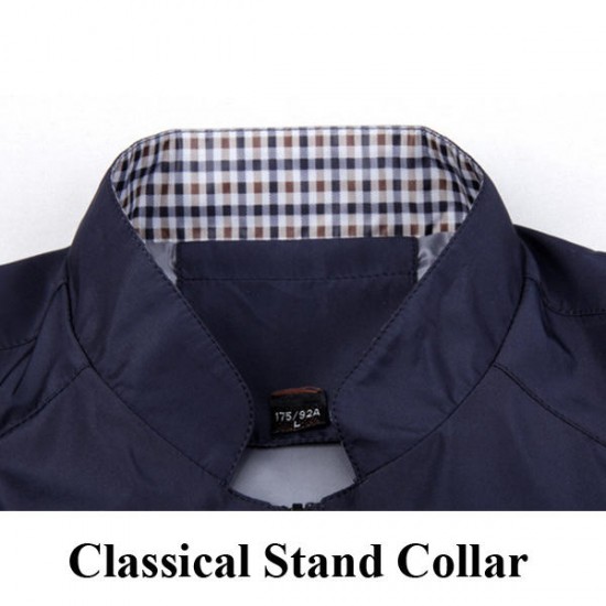 Casual Business Stand Collar Zipper Spring Fall Pure Color Men Brief Jacket Coat