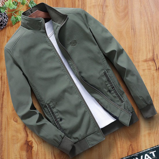 Mens Spring Autumn Stand Collar Cotton Embroidery Solid Color Coats Jacket