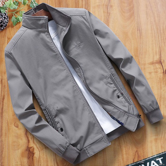 Mens Spring Autumn Stand Collar Cotton Embroidery Solid Color Coats Jacket