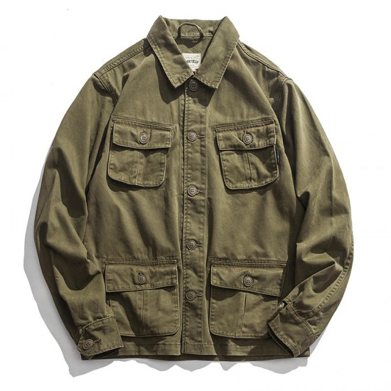 Mens Vintage Multi-pocket Military Outdoor Cotton Turn Down Collar Coat Jacket