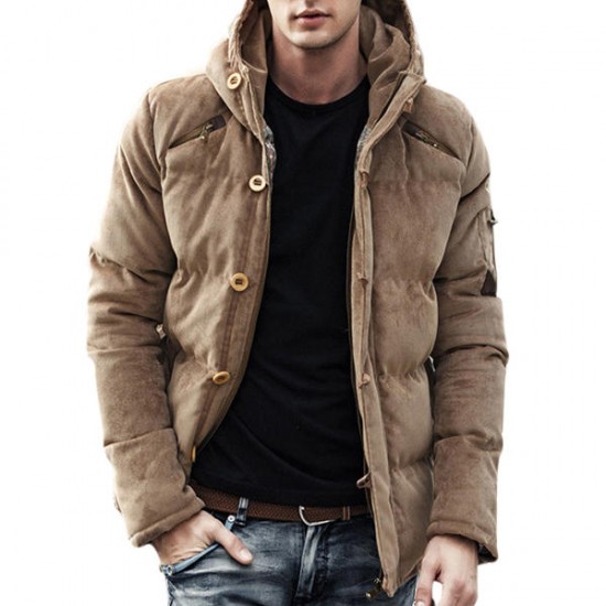 Corduroy Hooded Thick Warm Solid Color Padded Jacket Outwear Parka for Men