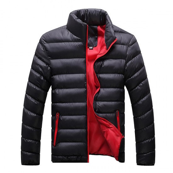 Men Winter Windproof Stand Collar Zipper Cozy Warm Cotton Jacket Casual Coat