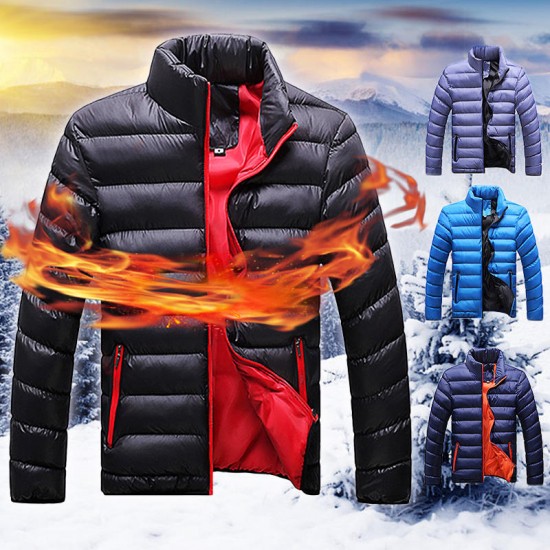 Men Winter Windproof Stand Collar Zipper Cozy Warm Cotton Jacket Casual Coat