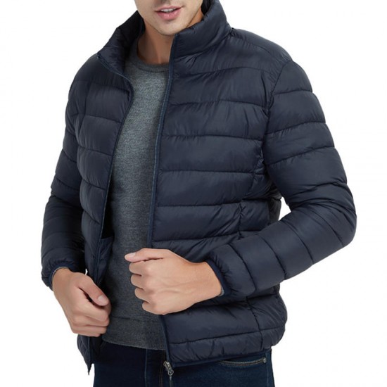 Mens Down Cotton Padded Jacket Portable Stand Collar Hooded Light Coat