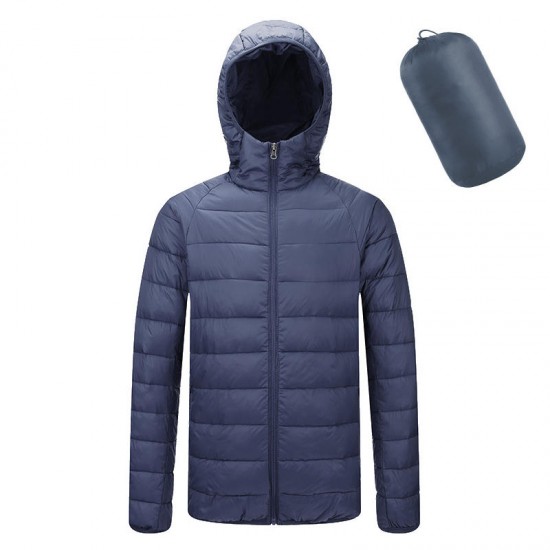 Mens Down Cotton Padded Jacket Portable Stand Collar Hooded Light Coat