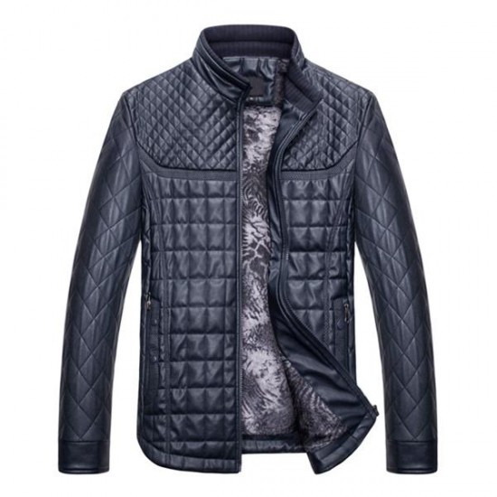 Autumn Winter Fashion Men's PU Leather Jacket Plush Thick Warm Jacket Casual Stand Collar Coat