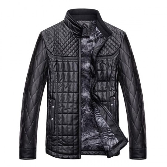 Autumn Winter Fashion Men's PU Leather Jacket Plush Thick Warm Jacket Casual Stand Collar Coat