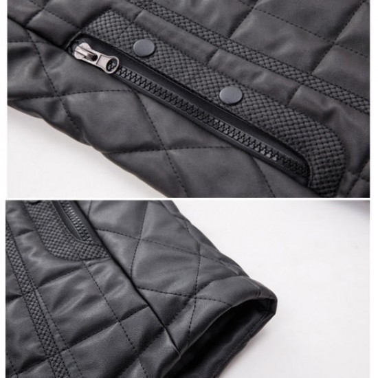 Autumn Winter Fashion Men's PU Leather Jacket Plush Thick Warm Jacket Casual Stand Collar Coat