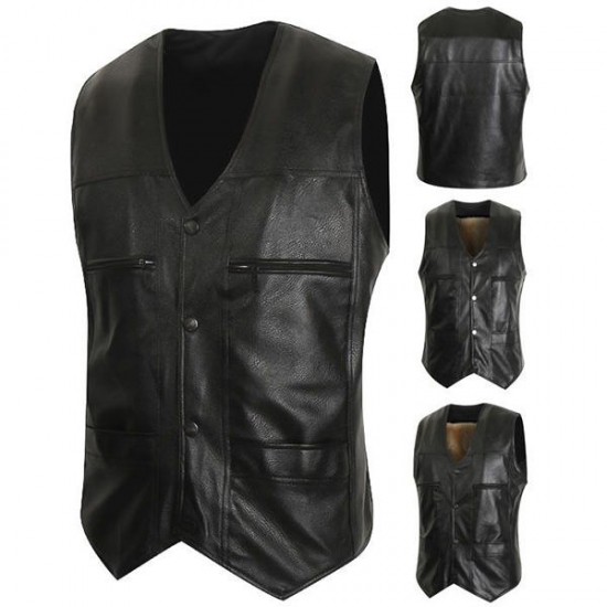 Casual Business Black Inside Fleece Liner Faux Leather Vest for Men