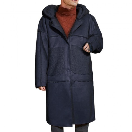 ChArmkpR Mens Mid Long Hooded Fleece Folyester Suede Jacket Shearling Coat