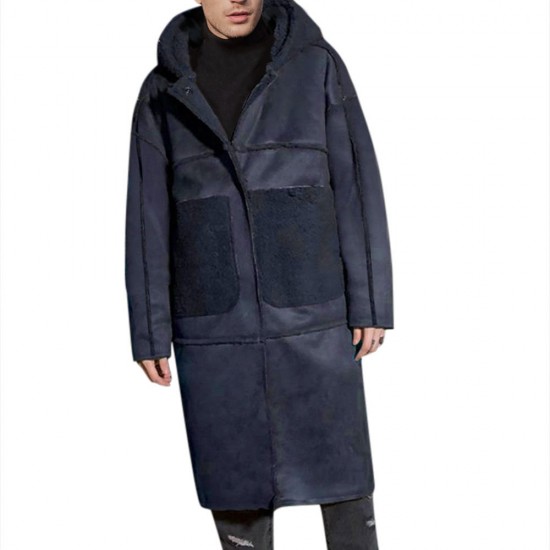 ChArmkpR Mens Mid Long Hooded Fleece Folyester Suede Jacket Shearling Coat