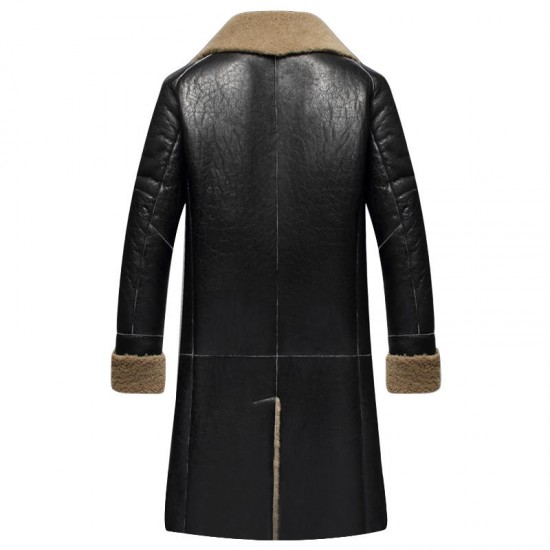 ChArmkpR Mens Mid-long Winter Thick Black Faux Leather Shearling Jacket