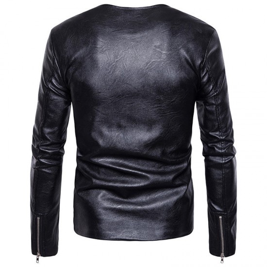 Diagonal Double Zipper O Neck PU Faux Leather Jacket for Men