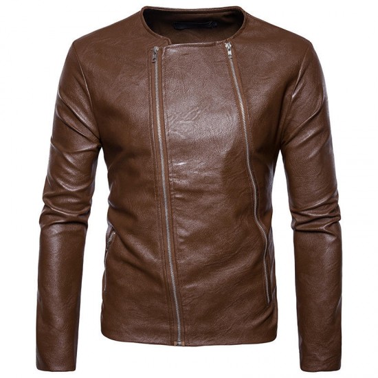 Diagonal Double Zipper O Neck PU Faux Leather Jacket for Men