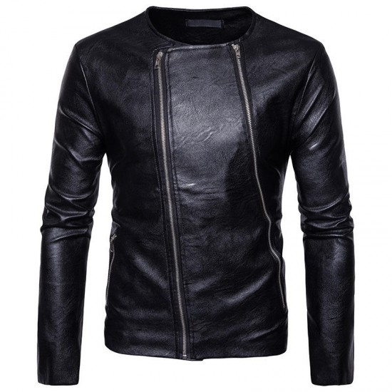 Diagonal Double Zipper O Neck PU Faux Leather Jacket for Men