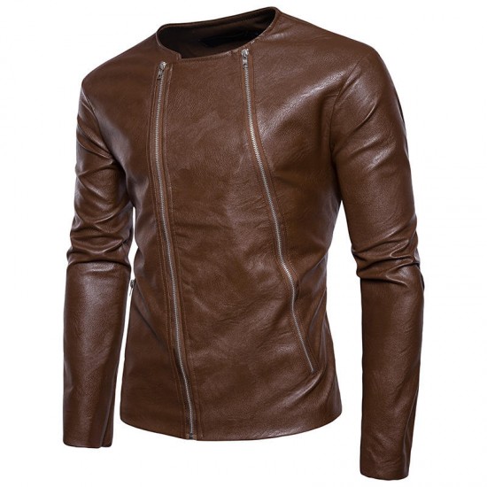 Diagonal Double Zipper O Neck PU Faux Leather Jacket for Men